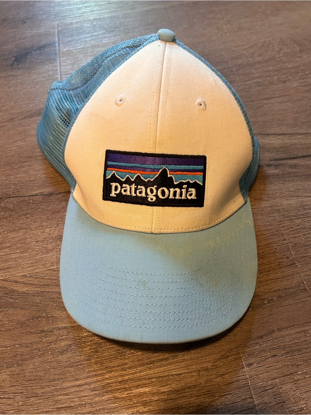 Patagonia Cream and Light Blue Trucker Hat with Logo Patch